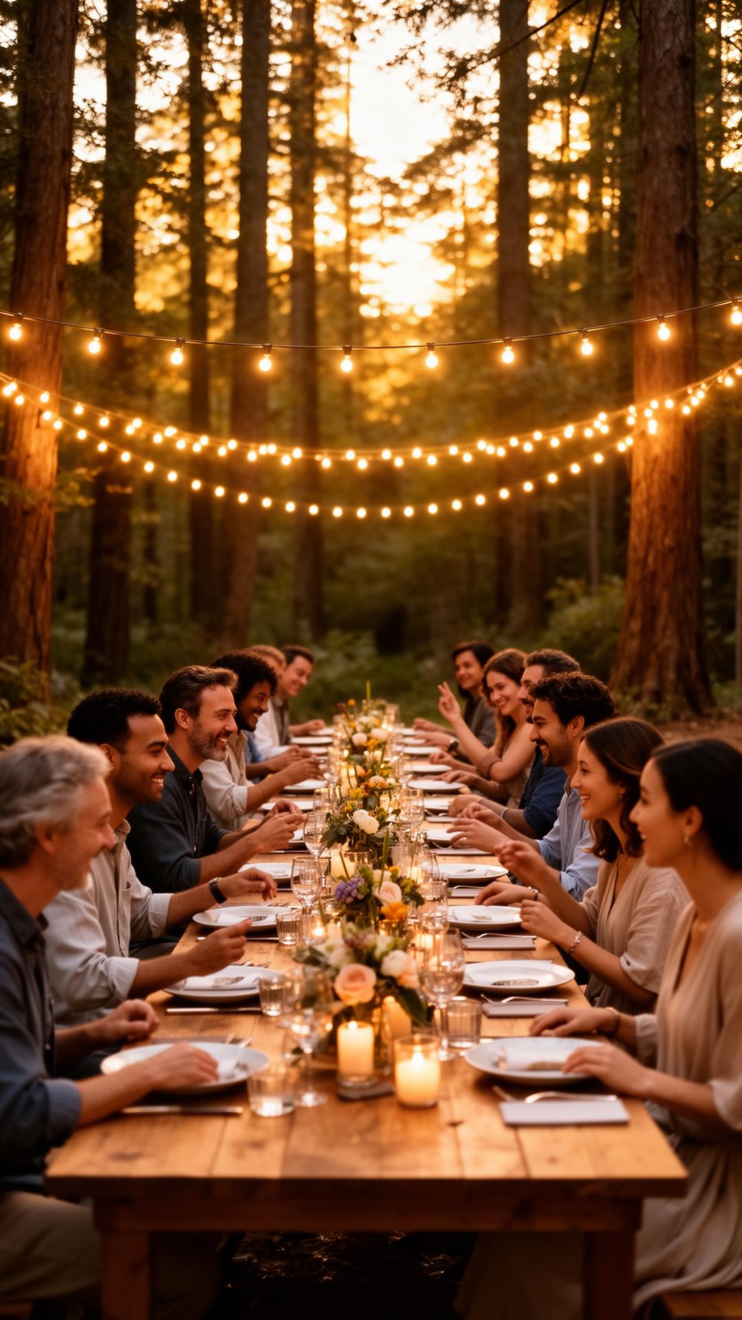 Outdoor dinner in a forest with warm lights